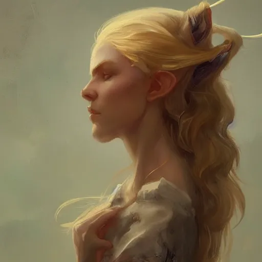 Image similar to a beautiful artwork side profile portrait of a highland elf with long blonde hair and pale skin by greg rutkowski , featured on artstation, fantasy