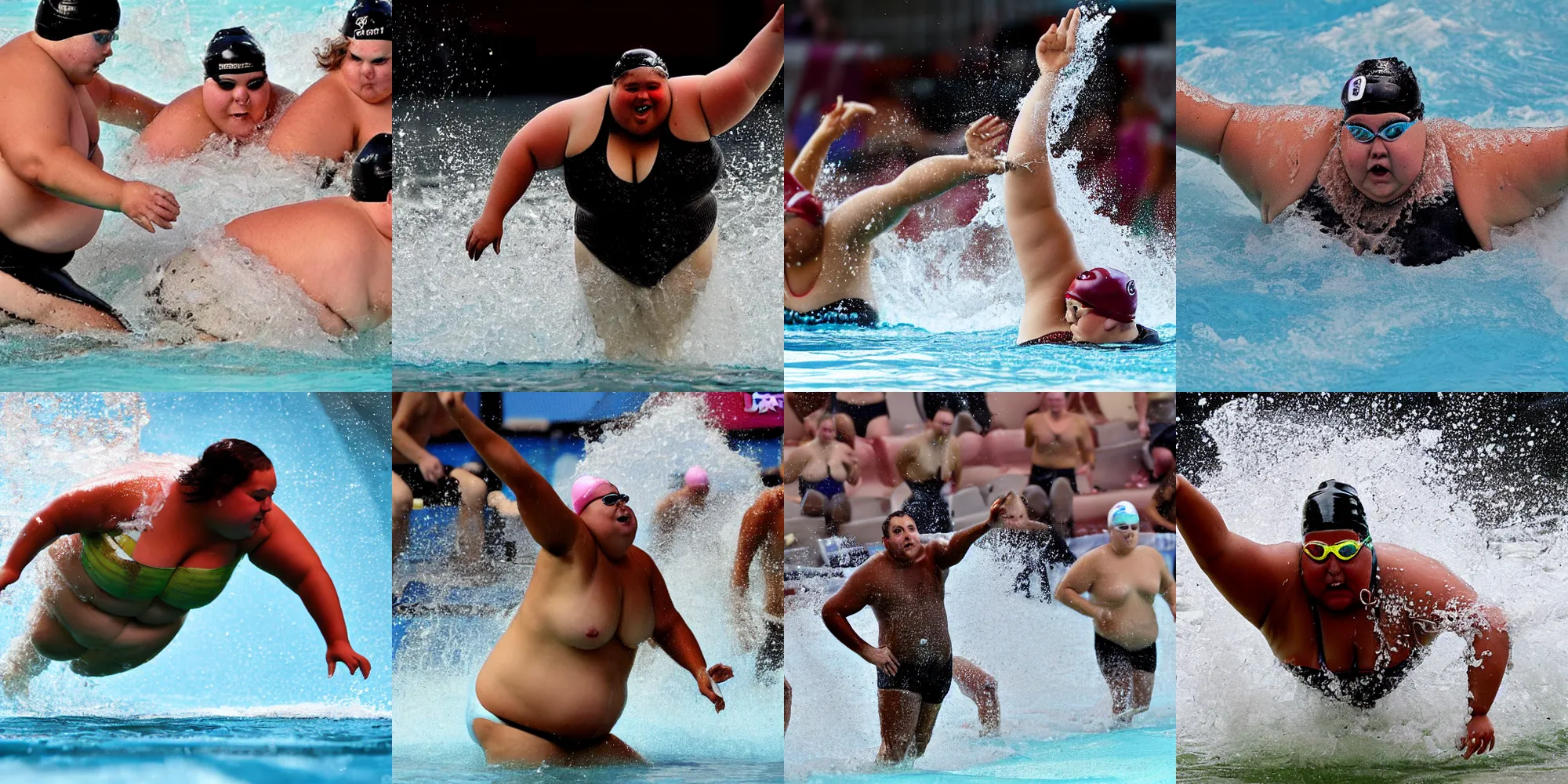 Prompt: action shot of obese people swimming in molasses, sports photography, espn, summer olympics