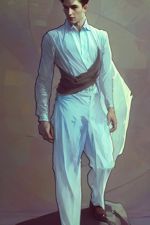 Image similar to full figure portrait of a single beautiful young fit man, dressed of modern transparent fluent shirt and large pants, by greg rutkowski and alphonse mucha, d & d character, gradient brown to cyan, interior design background, highly detailed portrait, digital painting, artstation, concept art, smooth, sharp focus ilustration, artstation hq