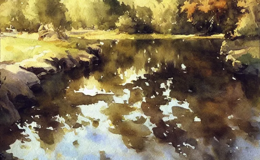 Prompt: watercolor lanscape by anders zorn, very very very very beautiful art, dramatic light, water reflections