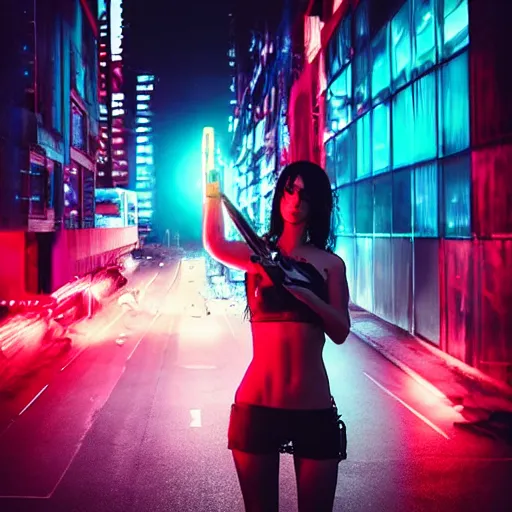 Prompt: “sensual cyberpunk girl with guns in her hands failing on the city, ultra realistic, neon lights, photo, 8k”