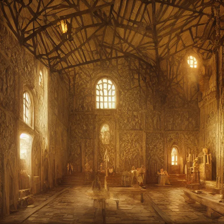 Image similar to a detailed painting of a medieval hall with wooden walls, there is a big marble statue in the middle of the hall, staircase to the second floor. fantasy poster. lord of the rings style. cinematic fantasy scene. fantasy. carl spitzweg. renaissance elements. renaissance element. oil painting. award winning. trending on artstation. 8 k