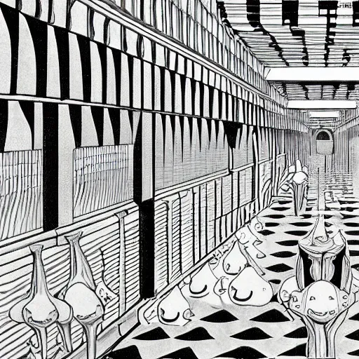 Image similar to a flood of slime in a bright white hallway with many doors and many stairs, Mc Escher architecture, epic composition, by Junji Ito