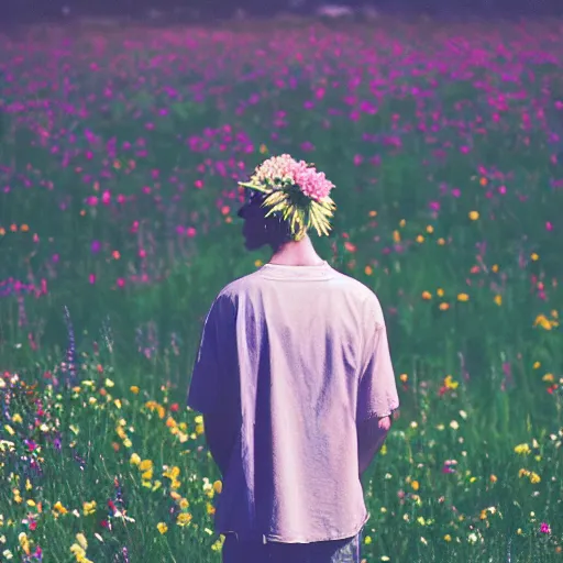 Image similar to kodak portra 4 0 0 photograph of a skinny blonde goth guy standing far back in a field of flowers, back view, flower crown, moody lighting, telephoto, 9 0 s vibe, blurry background, vaporwave colors, faded!,