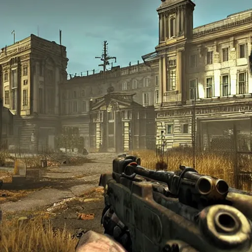 Prompt: promotional screenshot of fallout videogame set in london, visible buckingham palace