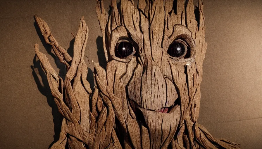 Image similar to realistic groot made of cardboard!! Cinematic, 8k, render, film still