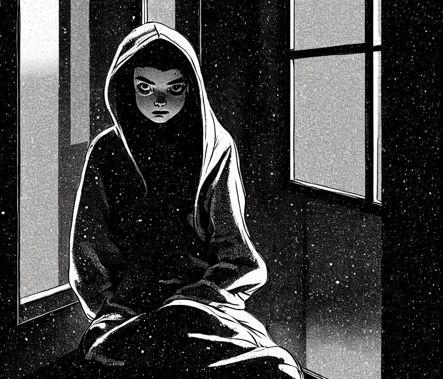 Prompt: sadie sink in hoodie sits on windowsill, knees tucked in | rain falls at night : storyboard, scifi cyberpunk. by saul bass, gabriel hardman, j. todd anderson, chris bonura. cinematic atmosphere, detailed and intricate, perfect anatomy