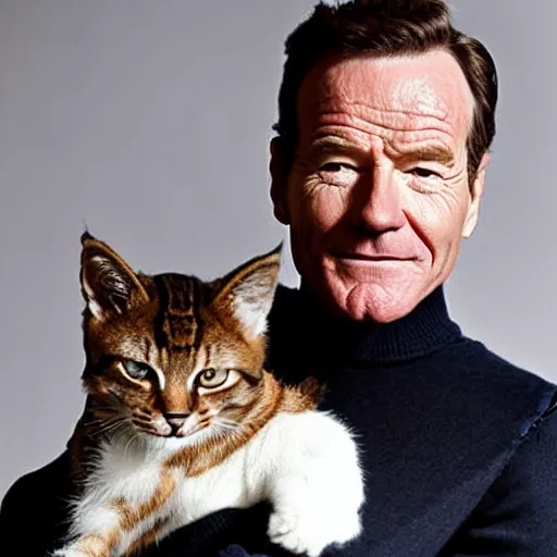 Prompt: Bryan Cranston holding a kitty, photo