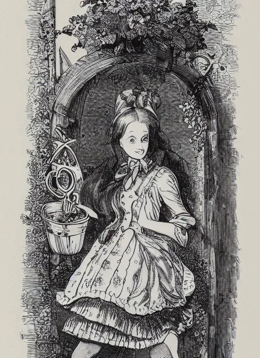 Prompt: A pen and ink illustration of portrait of alice in wonderland, ornate border around the side, 1800's style design