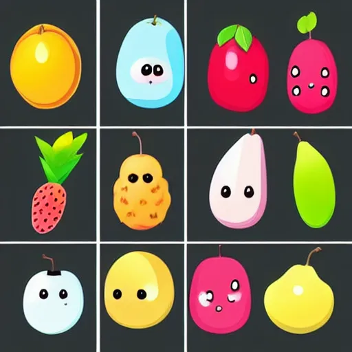 Image similar to a set of kawaii fruits isolated on white background, stylized, cartoon, cute, vector graphics, trending on pinterest, featured on artsation, high quality, smooth graphics, fine edges,