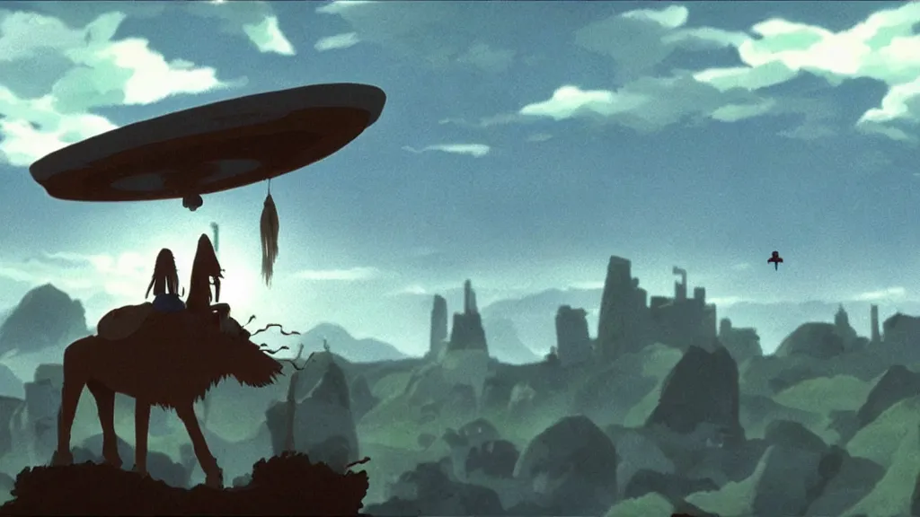 Image similar to a cell shaded cartoon movie still from princess mononoke ( 1 9 9 7 ) showing a ufo from independence day ( 1 9 9 6 ) hovering in the air above a city. very dull muted colors, hd, 4 k, hq