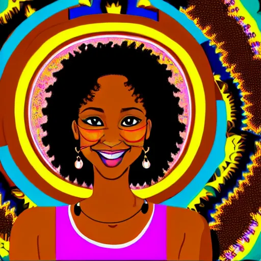 Image similar to an adult black woman, light skin, colorful ornate earrings, curly 3 c black hair, smile on her face, brown eyes, holding her small black bombay cat in the style of alex grey, trending on art station 8 k