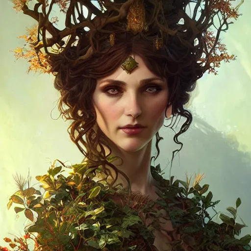 Prompt: Mischievous Dryad as Guardian, western, closeup, D&D, fantasy, intricate, elegant, highly detailed, digital painting, artstation, concept art, matte, sharp focus, illustration, art by Artgerm and Greg Rutkowski and Alphonse Mucha