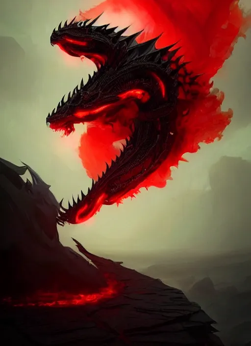 Image similar to black dragon with red demonic eyes on the red smoke background, photorealistic, ultra detailed, trending on artstation, concept art, octane render, unreal engine, by shinji aramaki, by christopher balaskas, by krenz cushart