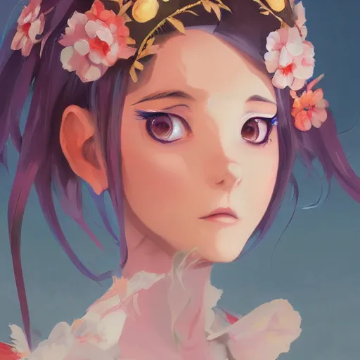 Prompt: portrait of anime pixie character with flower crown hair, lipstick, manga cover, highly detailed, digital painting, artstation, concept art, sharp focus, illustration, strong brush stroke, anime, art by greg rutkowski, ilya kuvshinov, sharp focus, ghibli studio, art by ilya kuvshinov, rossdraws