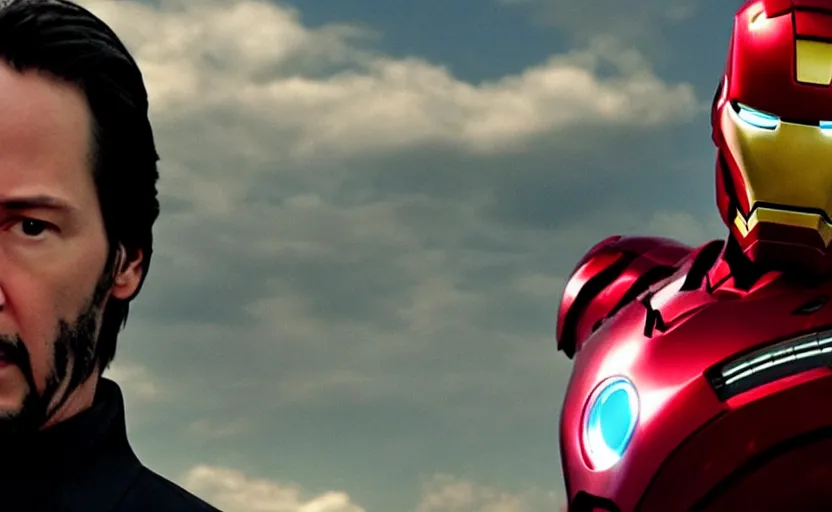 Image similar to Keanu Reeves as iron man, cinematic shot, high contrast