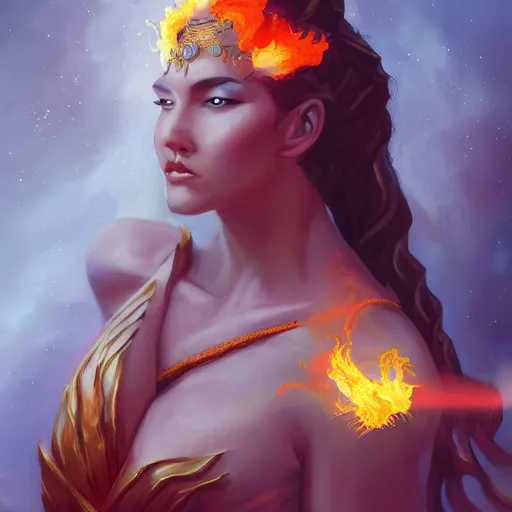 Prompt: A beautiful painting of a goddess with a body of flames by Andrews Esao, fantasy, Trending on artstation.
