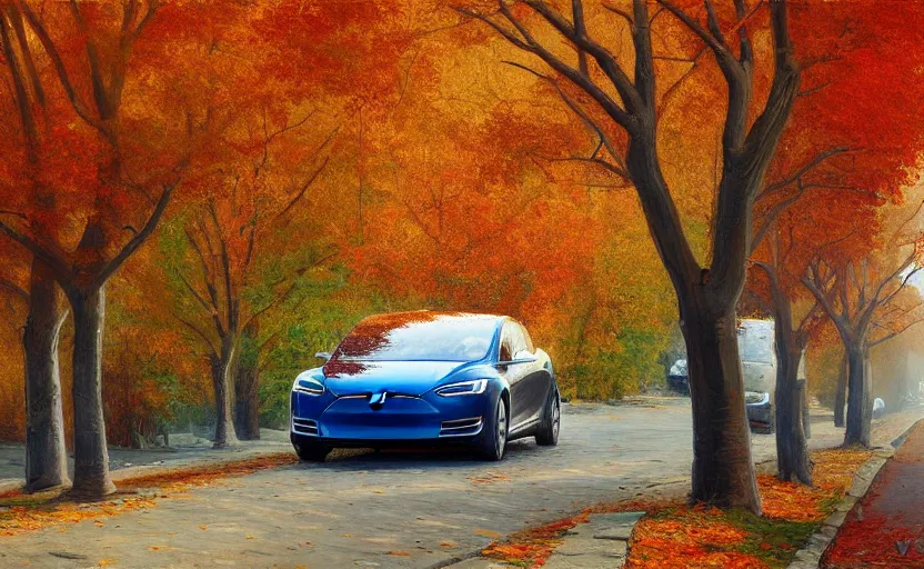 Image similar to new tesla model s on an autumn street by peder mørk mønsted