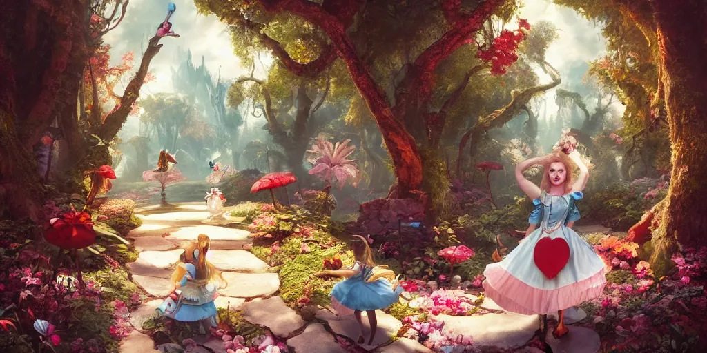 Prompt: a beautifull oil painting of alice in wonderland, unreal engine, 8 k resolution, soft, dramatic lighting, cinematic, insanely intricate, by franz vohwinkel