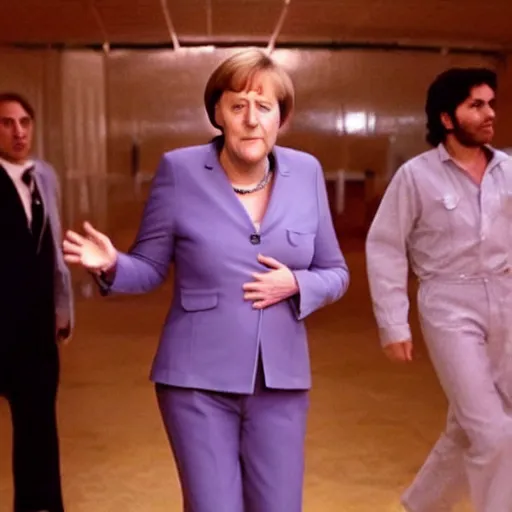 Image similar to A still of Angela Merkel wearing a disco suit in Saturday Night Fever