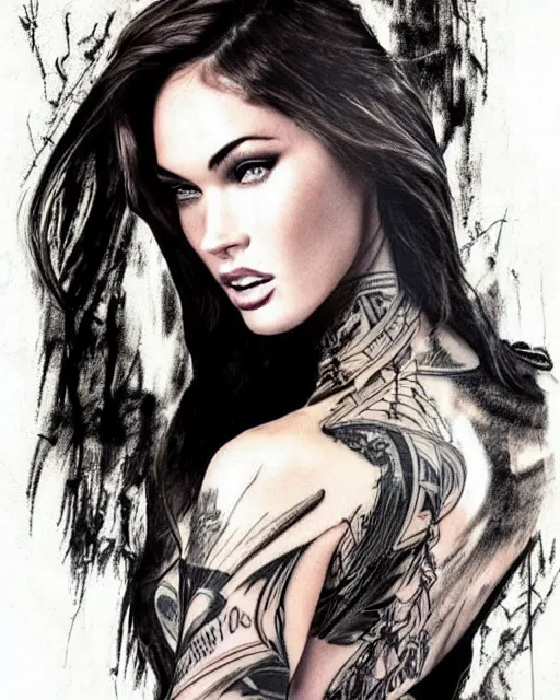 Image similar to double exposure effect tattoo design sketch of megan fox with amazing mountain scenery, realism tattoo, in the style of den yakovlev, amazing detail, sharp