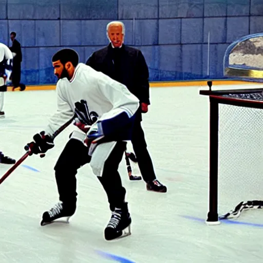 Image similar to drake and joe biden playing hockey, movie still, cinematic lighting