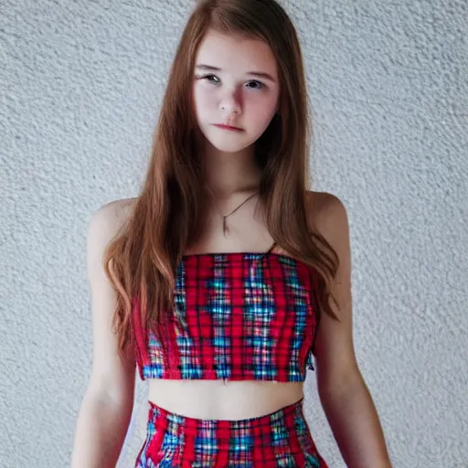 Prompt: teen girl in plaid mini skirt and crop top, intricate, extremely detailed, modeling photography, 8 0 mm camera