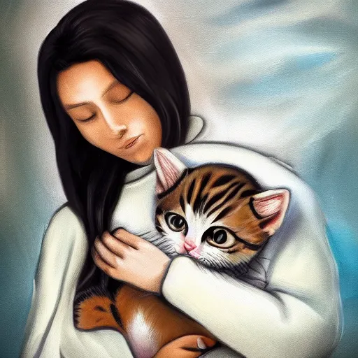 Prompt: photo of a woman cuddling a kitten in her arms, 4k, highly detailed, trending on artstation