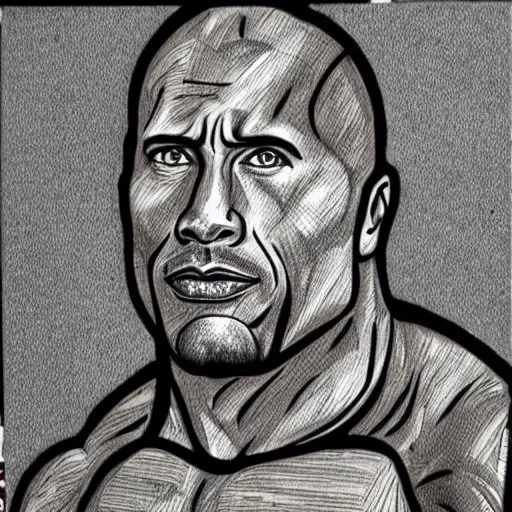 Image similar to dwayne johnson, pen and ink, stippling