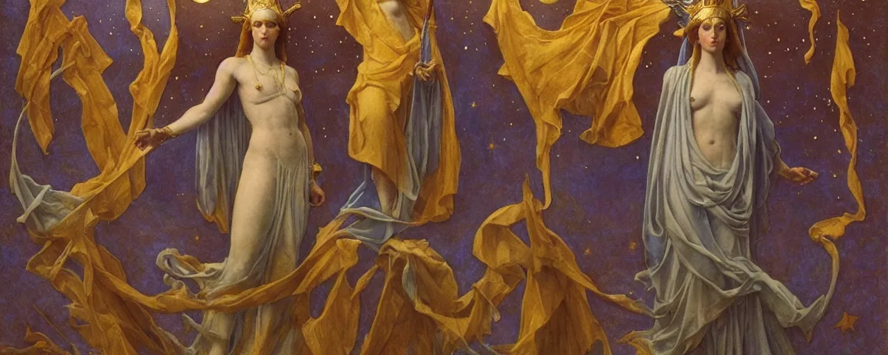 Prompt: saint woman, venus, athena, queen, by annie swynnerton and nicholas roerich and jean delville, strong dramatic cinematic lighting, ornate headdress, flowing robes, lost civilizations, smooth, sharp focus, extremely detailed, marble, stars, gold, space