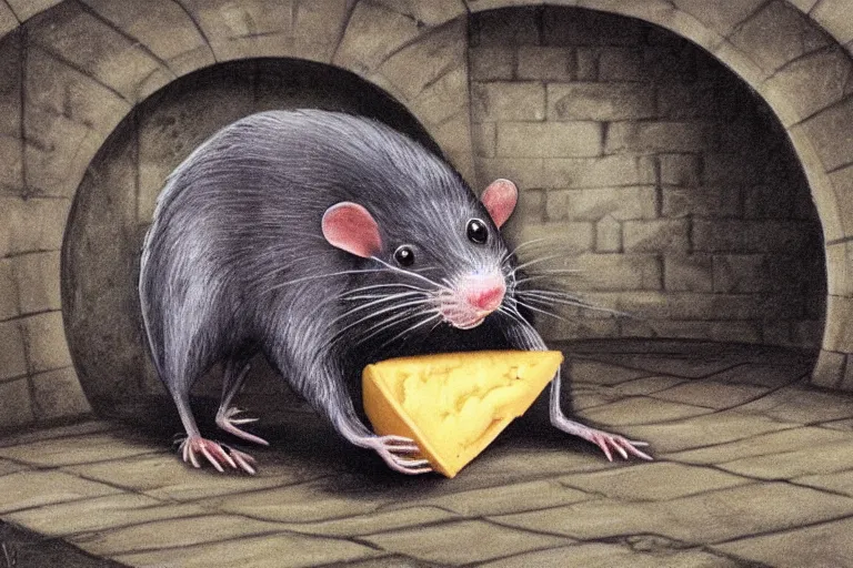 Prompt: a giant creepy rat eating cheese in a sewer, photo - realistic, hyper realism,