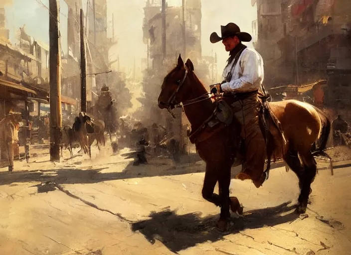 Image similar to oil painting of old rugged cowboy in wild west street setting, art by anders zorn, wonderful masterpiece by greg rutkowski, beautiful cinematic light, american romanticism by greg manchess, reflections in copper, sunlight, dust and steam