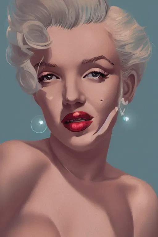 Image similar to portrait of marilyn monroe, staring directly into camera, intricate, elegant, glowing lights, highly detailed, digital painting, artstation, sharp focus, illustration, art by wlop, mars ravelo and greg rutkowski