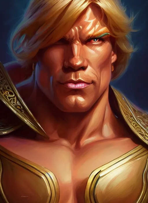 Image similar to portrait of he - man, d & d, muscular! fantasy, intricate, elegant, highly detailed, digital painting, artstation, concept art, smooth, sharp focus, illustration, art by artgerm and greg rutkowski and alphonse mucha