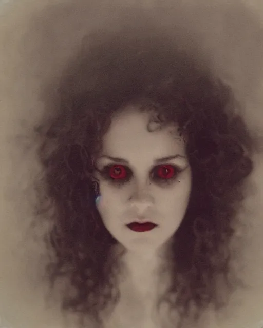 Prompt: an instant photo of a beautiful but sinister ghost in layers of fear, with haunted eyes and curly hair, 1 9 7 0 s, seventies, delicate embellishments, a little blood, crimson, painterly, offset printing technique, mary jane ansell