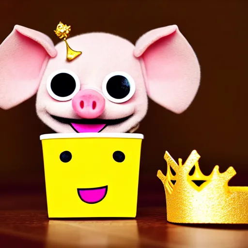 Prompt: photo of cute happy puppet muted yellow pig wearing a gold crown holding snack bags 8k resolution, award winning, realistic, cinematic concept art