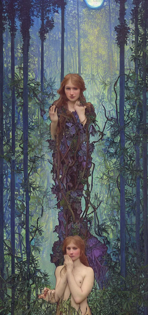 Image similar to painterly dreamy Kupala Night in the blue forest with trees which have eyes, giant flowers, glowing owls, deers, women, lianas, thistles, giant fantasy creatures, a stream and sky with moon and stars by Alphonse Mucha, Alex Grey, Aron Wiesenfeld and Giger dark fantasy, witcher, very detailed oil painting in the alla prima style, masterpiece, 8k