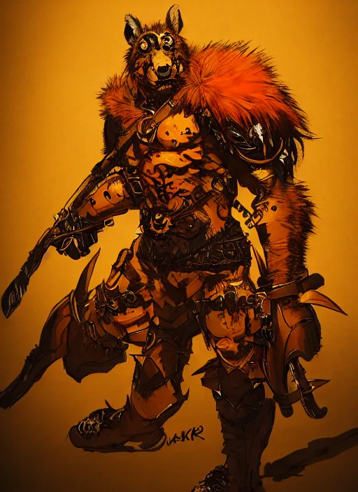 Image similar to Full body portrait of tall gnoll in golden armour and orange fur. In style of Yoji Shinkawa and Hyung-tae Kim, trending on ArtStation, dark fantasy, great composition, concept art, highly detailed, dynamic pose.