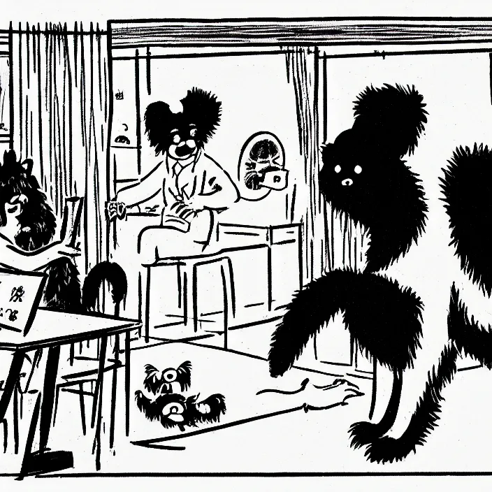 Image similar to a still frame from comic strip, person playing with a black hairy furry dog 1 9 5 0, herluf bidstrup, new yorker illustration, monochrome contrast bw, lineart, manga, tadanori yokoo, simplified,