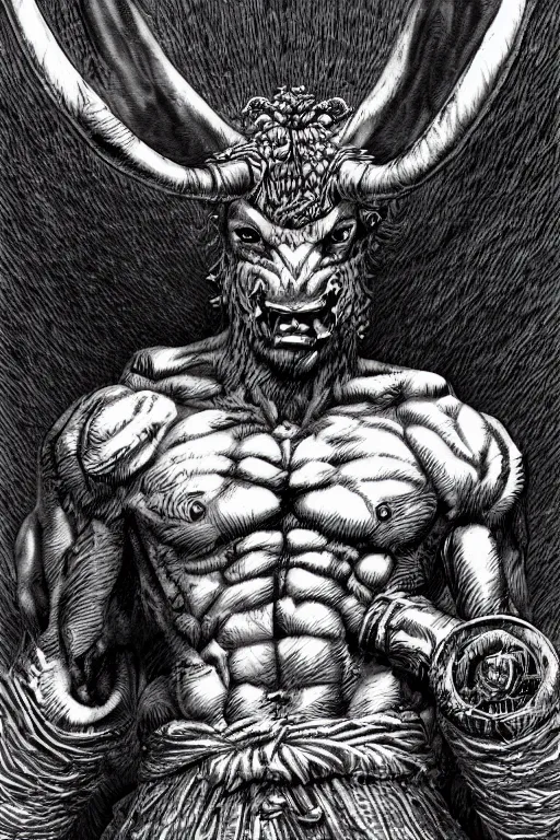 Image similar to minotaur, highly detailed, digital art, sharp focus, trending on art station, kentaro miura manga art style