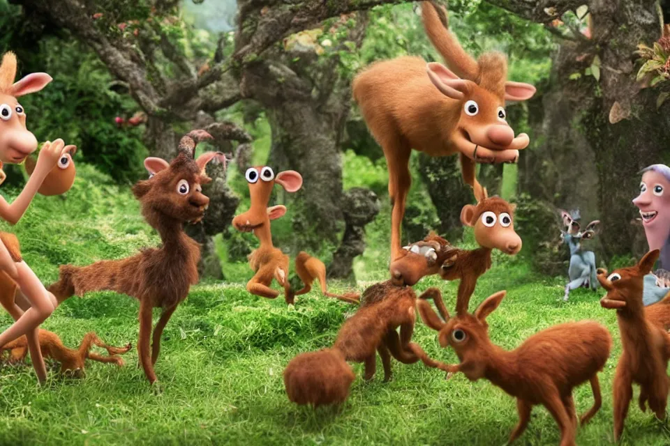 Image similar to realistic 8 k movie still, nymphs playing with fauns in wallace and gromit