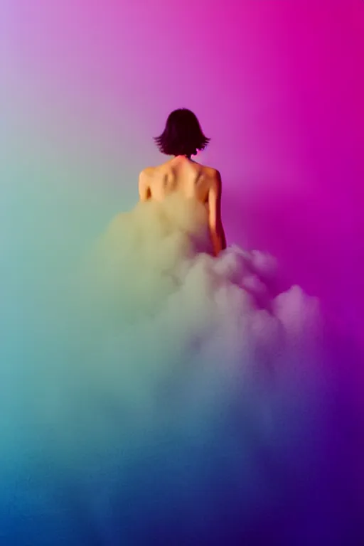 Image similar to high quality pastel coloured film photograph of a model wearing black clothing resting on cloud furniture clouds in a haze filled dreamstate world. three point light, rainbow. photographic production. art directed. pastel colours. volumetric clouds. pastel gradient overlay. waves glitch artefacts. 8 k. filmic.