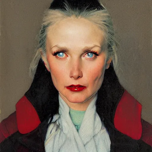 Prompt: frontal portrait of a woman with ice Blue eyes, long straight black bangs and a red coat, by Norman Rockwell and Gerald Brom
