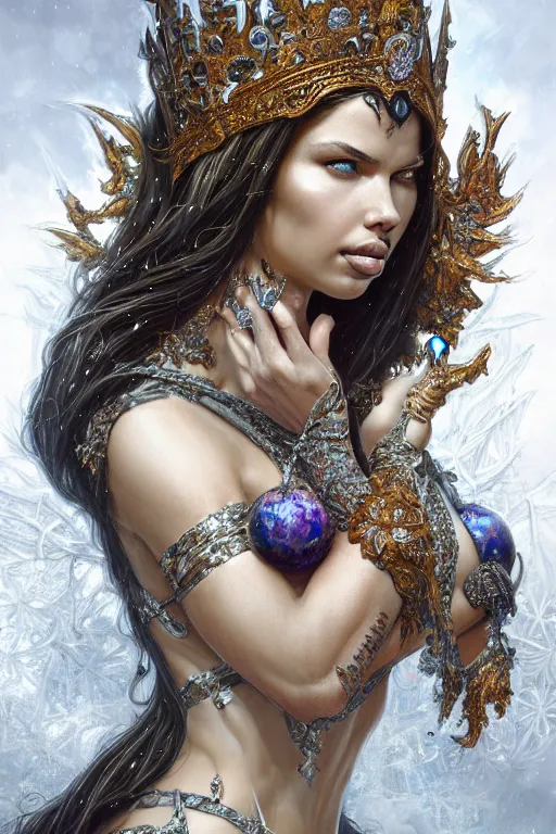 Prompt: photography of adriana lima, ornament crown, organic crystals, frost, deep focus, d & d, fantasy, intricate, elegant, highly detailed, digital painting, artstation, concept art, matte, sharp focus, illustration, hearthstone, art by artgerm and greg rutkowski and alphonse mucha