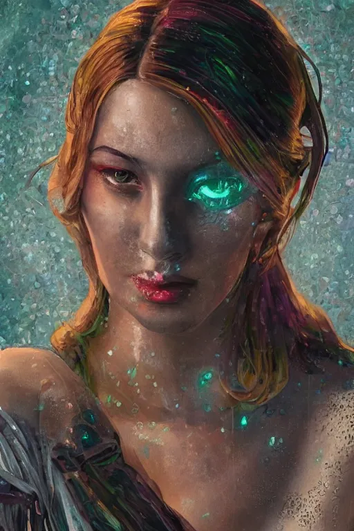 Image similar to An extremely beautiful Art Deco ornate portrait of a young attractive woman with a silky bio-luminiscent holographic dress, neo-cyberpunk, professionally painted digital art illustration, smooth, sharp focus, atmospheric lighting, highly detailed illustration highlights, golden ratio, extremely detailed winning award masterpiece, very coherent symmetrical artwork, sense of awe, 8K post-processing, trending on artstation flawless, prismatic highlights, telephoto, depth of field, cinematic, macro, concept art, wepa digital, elegant, epic, octane render, v-ray, C4D