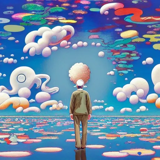 Image similar to a man walking on clouds away from the camera above a lake by takashi murakami, beeple and james jean, aya takano color style, 4 k, super detailed, modern, 4 k, symmetrical