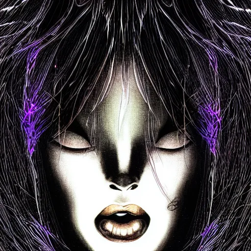 Image similar to portrait closeup of screaming black reflective glossy dark beautiful woman with lights hair, sensual pose, symmetrical, glitches, by yoichi hatakenaka, masamune shirow, josan gonzales and dan mumford, ayami kojima, takato yamamoto, barclay shaw, karol bak, yukito kishiro, moebius