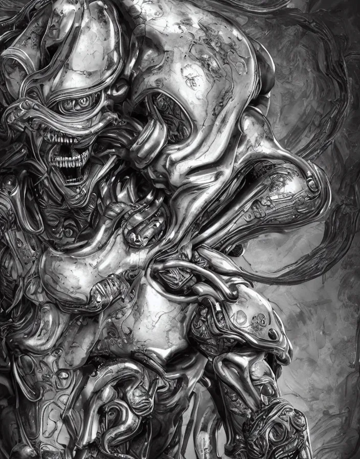 Image similar to engineer prometheus, xenomorph alien, highly detailed, symmetrical long head, smooth marble surfaces, detailed ink illustration, raiden metal gear, cinematic smooth stone, deep aesthetic, concept art, post process, 4k, carved marble texture and silk cloth, latex skin, highly ornate intricate details, prometheus, evil, moody lighting, hr geiger, hayao miyazaki, indsutrial Steampunk