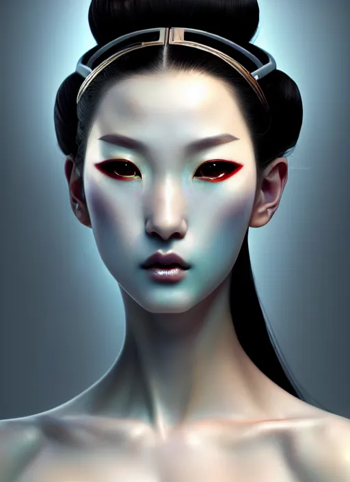 Image similar to organic seductive Geisha cyborg, pearlescent skin, diffuse lighting, fantasy, intricate, elegant, highly detailed, lifelike, photorealistic, digital painting, artstation, illustration, concept art, different full body view, smooth, sharp focus, art by John Collier and Albert Aublet and Leonardo da vinci and Krenz Cushart and Artem Demura and Alphonse Mucha