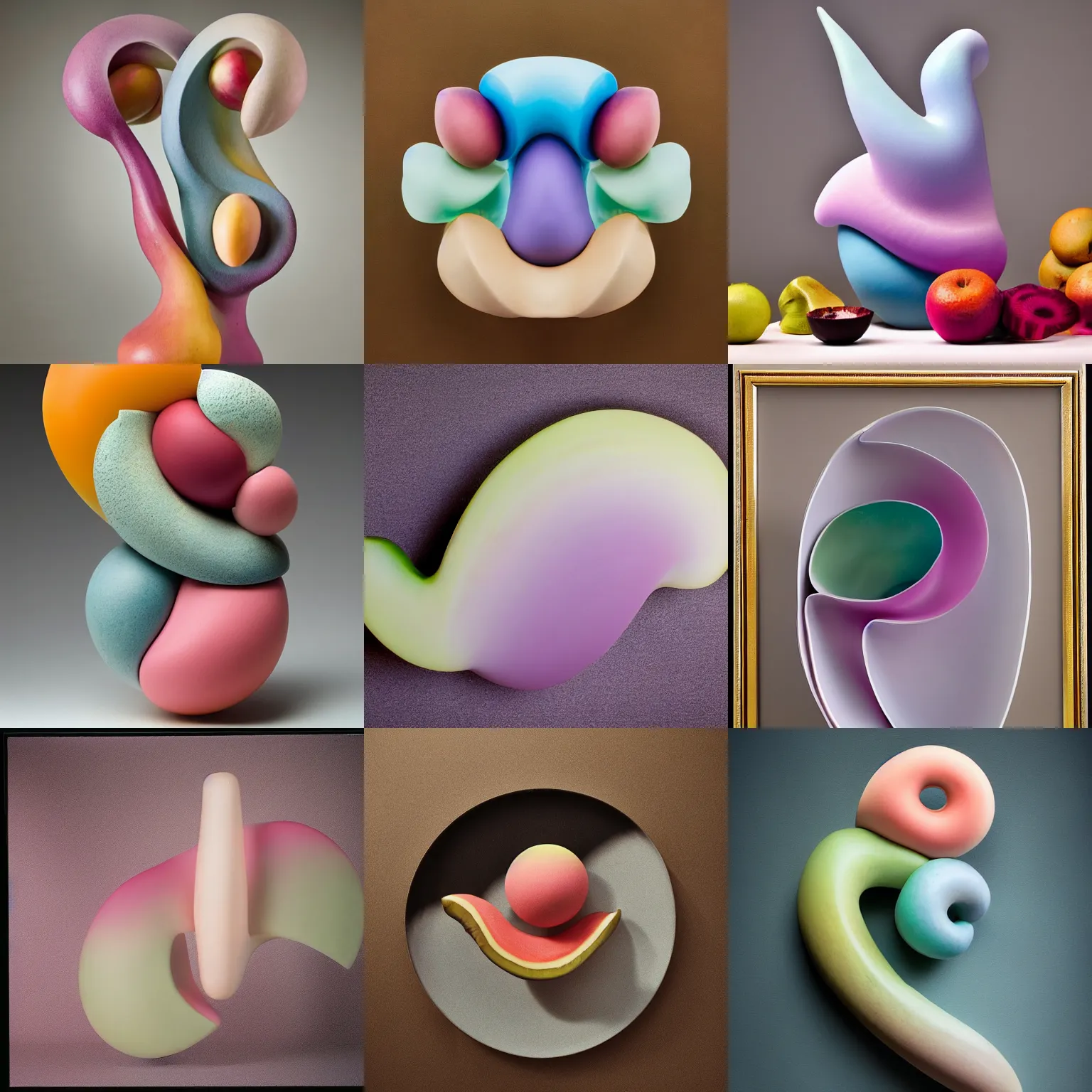 Prompt: one balanced asymmetrical biomorphic form with ombre light pastel colors, by clyde forsythe, professional fruit photography